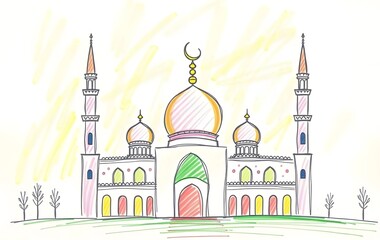 Cute crayons, shiny Istiqlal Mosque Doodles, children's doodles with bright colors