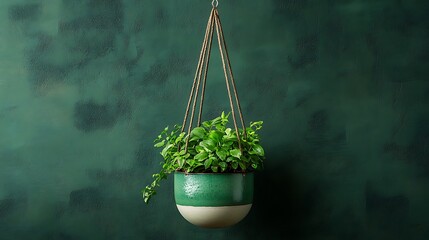 Hanging Planter with Lush Greenery Against a Deep Green Wall AI Generated
