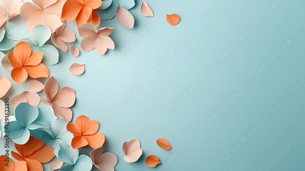 Poster luxurious floating floral petals in soothing pastel tones cascading across a smooth soft gradient ba