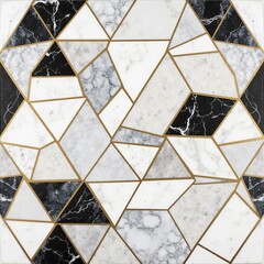 An elegant geometric pattern of marble-textured triangles outlined with thin gold lines. The mix of white, black, and gray marble textures adds a luxurious and contemporary aesthetic