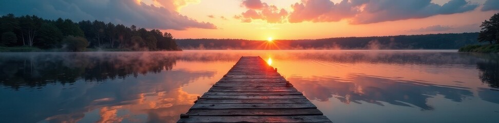 Fototapeta premium Rustic jetty on tranquil Masurian lake at dawn, reed, wildlife, horizon