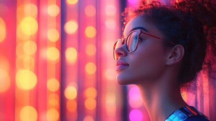 Hopeful Young Woman Gazing at City Lights at Night
