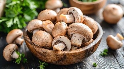 Fresh cremini mushrooms in a wooden bowl, garnished with parsley, on a dark rustic wooden table, ready to be cooked