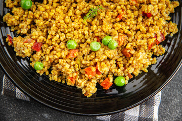 boulgur quinoa dish vegetarian dish vegetable food fresh tasty food dish gourmet food background on the table rustic food top view copy space keto and paleo diet