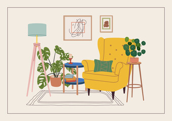 Interior scene for new home greeting card, print, poster, or housewarming party invitation. New place to live in postcard with armchair, wall art, floor lamp, potted plants. Flat vector illustration.