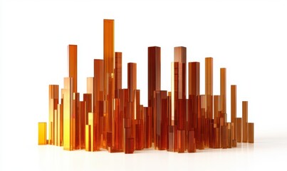 Obraz premium Abstract composition of tall, amber glass structures resembling a city skyline on a white background