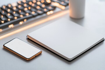 Modernes Schreibtisch-Setup mit Smartphone, Notizbuch und beleuchteter Tastatur

