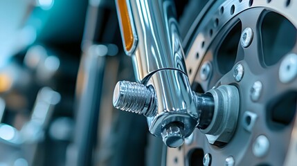 Fototapeta premium Close-up of Wrench Tightening Bolt on Motorcycle Suspension System, Precision Engineering