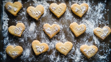 Cookies shaped like hearts on a baking tray with flour scattered around