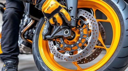 Obraz premium Motorcycle Mechanic Adjusting High-Performance Brake Caliper for Repair and Service