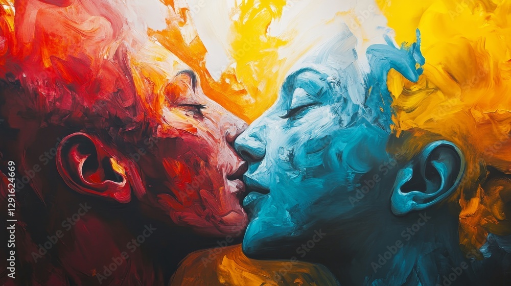 Poster artistic representation of a human face blending with abstract shapes and colors, emphasizing emotio