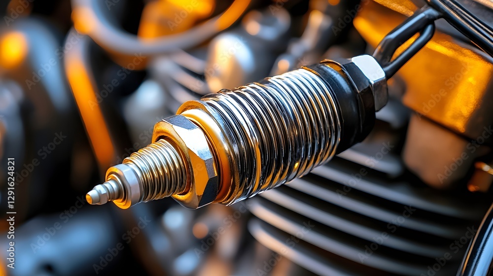 Poster closeup macro view of spark plug replacement in motorcycle engine maintenance