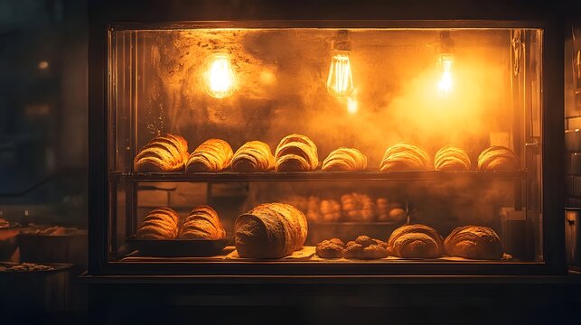 Golden Bakery Showcase: A cozy display case, warmly illuminated, showcases a delightful array of fresh bread and pastries, enticing customers with their rustic charm and appetizing allure.
