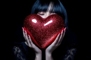 Youth valentine's day greeting card: young woman with amused face holds red heart in hands. Sign of love and affection. Commercial marketing graphic layout. Valentine's day celebration ideas.