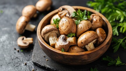 Fototapeta premium Fresh cremini mushrooms in a wooden bowl, garnished with parsley, on a dark background, ready for cooking