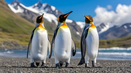 Fototapeta premium Three King Penguins on a Pebble Beach with Mountains in Background