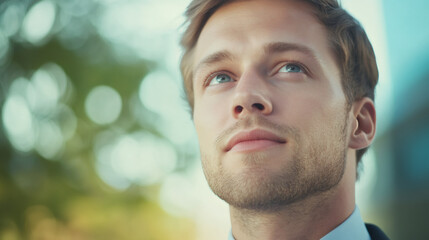 Professional gazing upward, envisioning career potential, embodying aspiration within contemporary corporate workspace