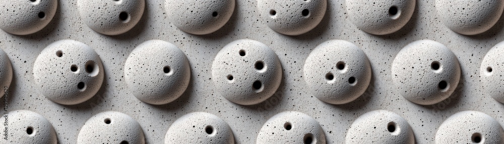 Poster wall with multiple holes and openings creating an abstract pattern and texture in a monochromatic se