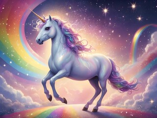 Dreamy unicorn with magical rainbow wonderland