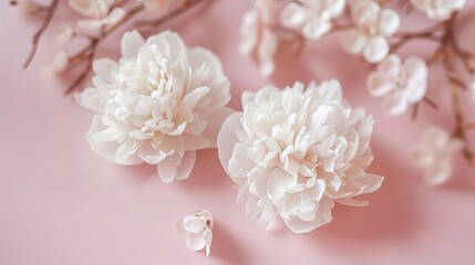 Obraz premium White peonies on pink background flat lay product photography