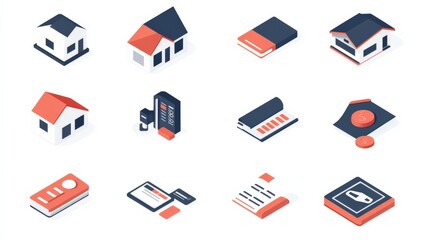 A collection of modern, minimalist house icons and related real estate elements in a flat design style