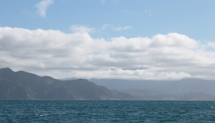 Delightful sea landscape with blue surface of the water, magic feather clouds on the sky over mountain in Kaikoura,New Zealand