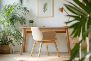 Obraz premium Modernes Homeoffice mit natürlicher Einrichtung und Pflanzen