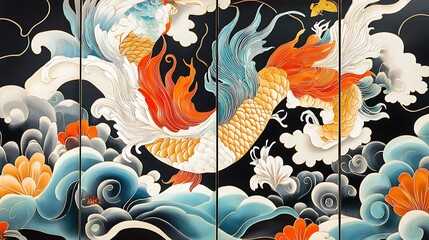 Fiery Dragon Dance: A Vibrant Asian-Inspired Painting on Folding Screen AI Generated