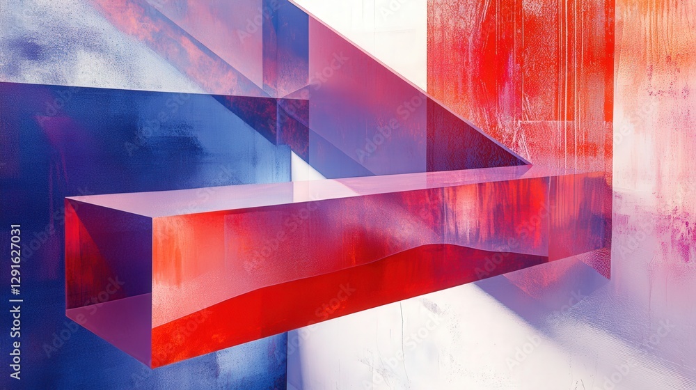 Poster abstract geometric shapes in vibrant red and blue hues create a dynamic visual experience