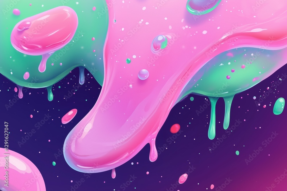 Poster a vibrant abstract design featuring colorful blobs of pink and green liquid, dripping and blending i
