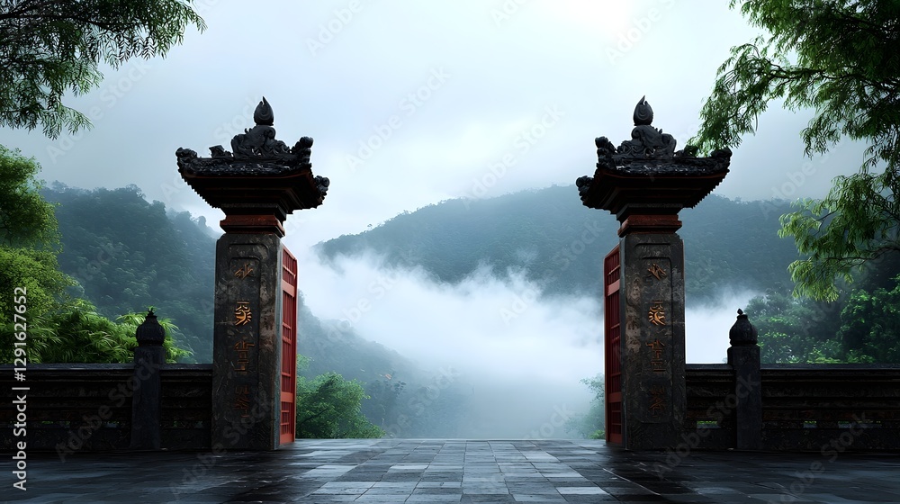 Poster majestic ancient temple gates rising on both sides of an elegant open space with a misty mountain ba