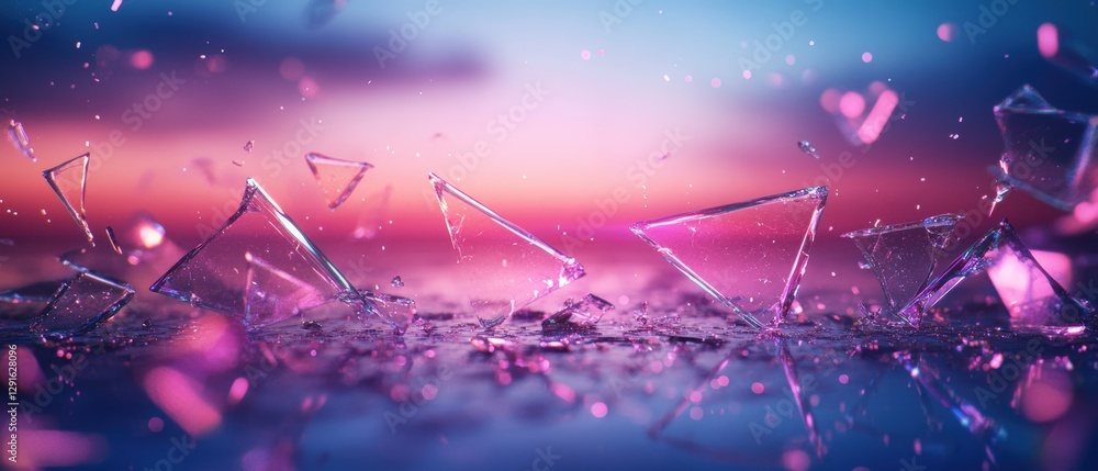 Poster detailed close-up of broken glass shards reflecting light in various angles creating an intriguing t
