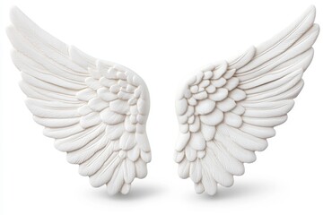 Fototapeta premium Two white angel wings isolated on a transparent background, on a white background, in a PNG photo cutout and sticker style clipart