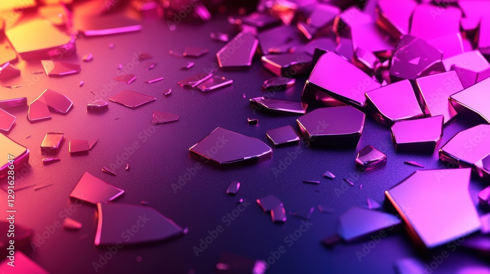 Poster close-up view of broken glass shards scattered on a surface with reflections and textures visible