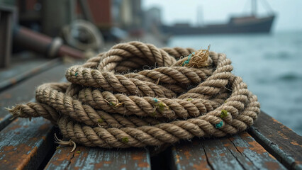 Fototapeta premium Old, Frayed Rope on a Weathered Wooden Dock, Dramatic Cinematic Lighting, High-Contrast Texture, Salt Residue and Moss, Misty Ocean and Rusted Anchor in the Background, Maritime Aesthetic