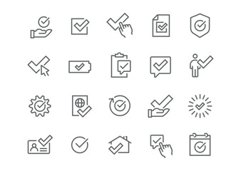 Editable vector icon set in linear style for confirmation and approval. Includes checkmarks, document badges, security shields, user elements, homes, calendars, and confirmation buttons.