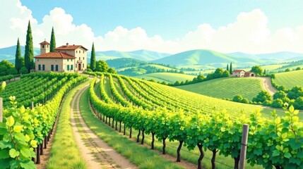 Serene Vineyard Landscape Rolling Hills, Lush Greenery, and Picturesque Farmhouse under a Sunny Sky