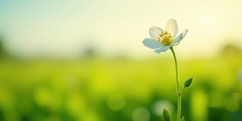 Obraz premium A single delicate white blossom against a vibrant green backdrop, bathed in the soft glow of the setting sun, evokes feelings of serenity and natural beauty.