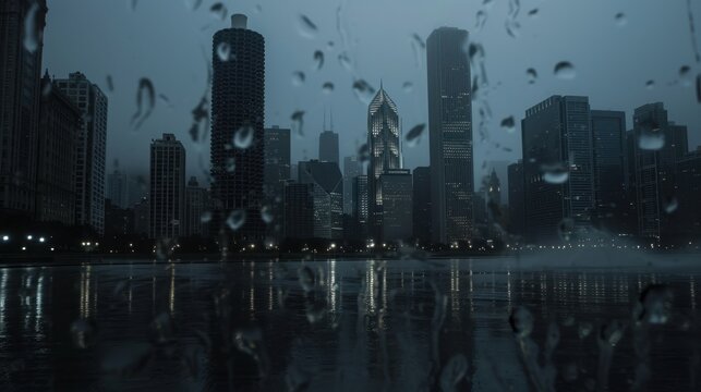 Gloomy Chicago Skyline Under Rain and Foggy Skies
