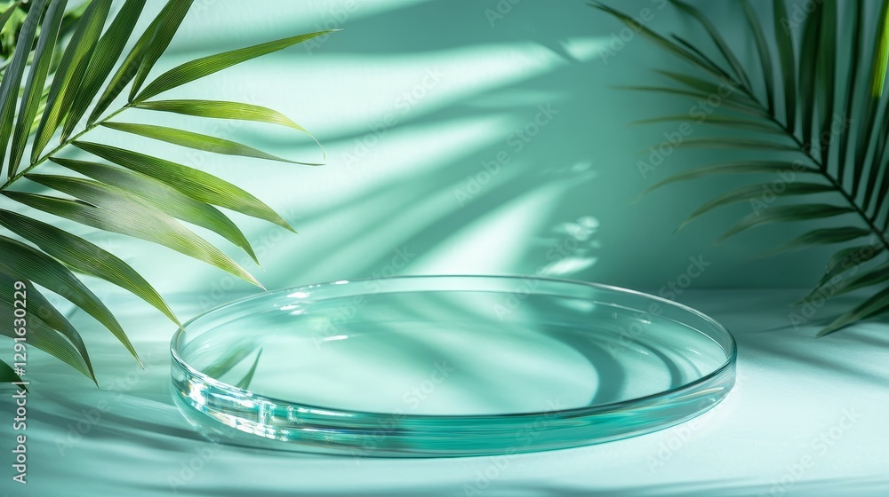 Poster clear glass display stand with soft shadows cast by green palm leaves in a stylish setting during da