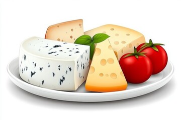 a 2D cartoon illustration of a cheese platter with various kinds of cheese, elegant and tasty, white background
