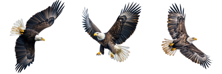 A Set of Soaring Eagle Brilliance: Majestic Bald Eagle Captured in Dynamic Mid Flight Action - Isolated on transparent Background