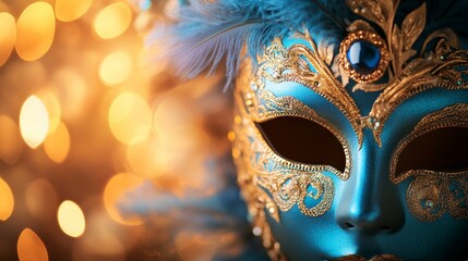 Naklejka premium elegant mask with feathers, featuring blue and gold hues, set against a soft background with sparkling lights. The focus is sharp on the intricate design of the masquerade mask, with delicate lighting