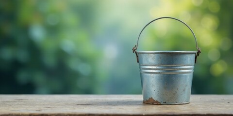 Naklejka premium A small, weathered metal pail sits empty on a rustic wooden surface, blurred greenery forming a tranquil backdrop