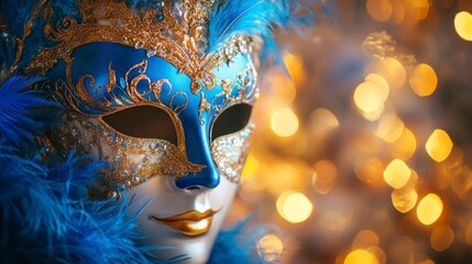 Naklejka premium elegant mask with feathers, featuring blue and gold hues, set against a soft background with sparkling lights. The focus is sharp on the intricate design of the masquerade mask, with delicate lighting