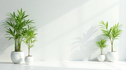 Obraz premium Serene potted plants in minimalist setting, bathed in sunlight casting gentle shadows on a bright white wall