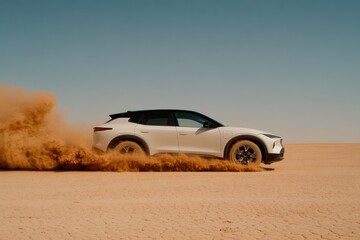 Fototapeta premium Sleek vehicle racing through vast desert, kicking up clouds of s
