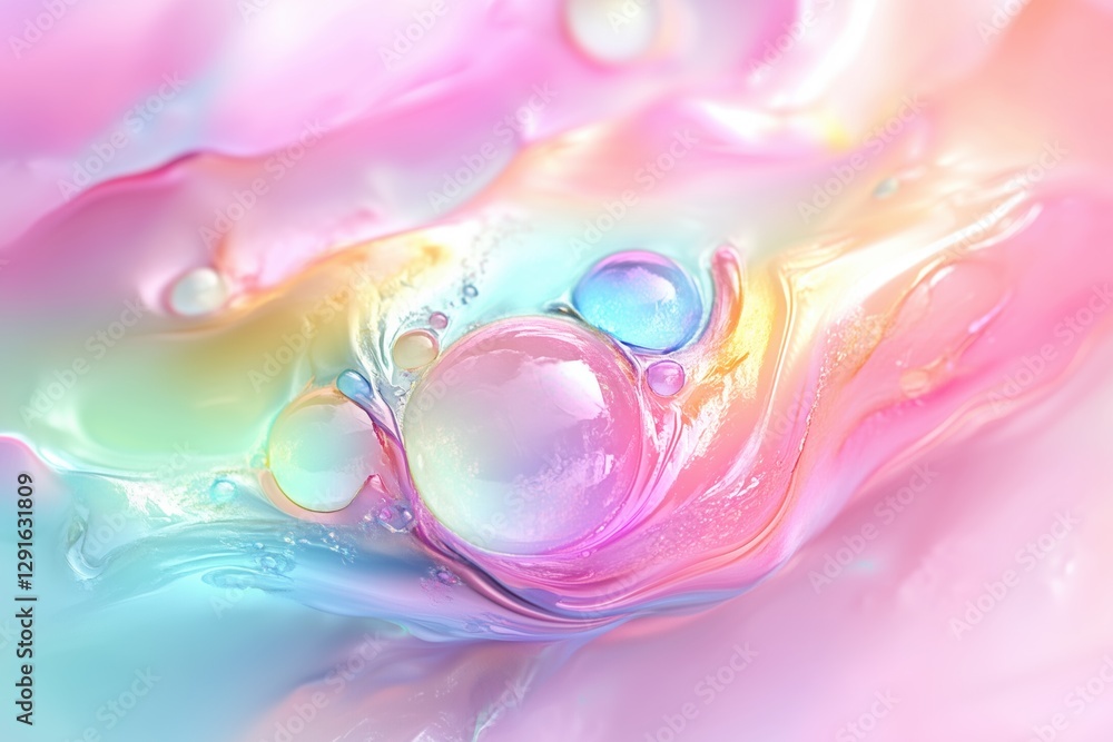 Poster a vibrant abstract background featuring soft pastel colors with swirling patterns and glossy bubbles
