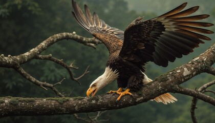 Obraz premium Powerful eagle clutching a textured, weathered branch