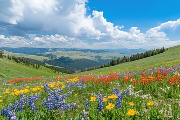 Vibrant Wildflower Meadow Under Bright Blue Sky and Dramatic Clouds in Mountain Landscape